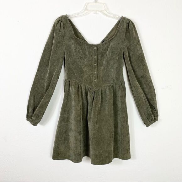 Shein Olive Green Corduroy Long Sleeve Round Neck Mini Dress - Picture 1 of 6